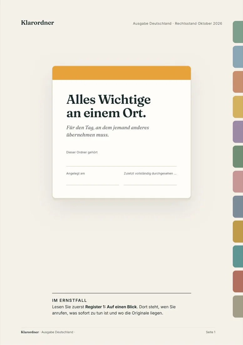 Cover of the Klarordner, edition for Germany, with colored tab dividers